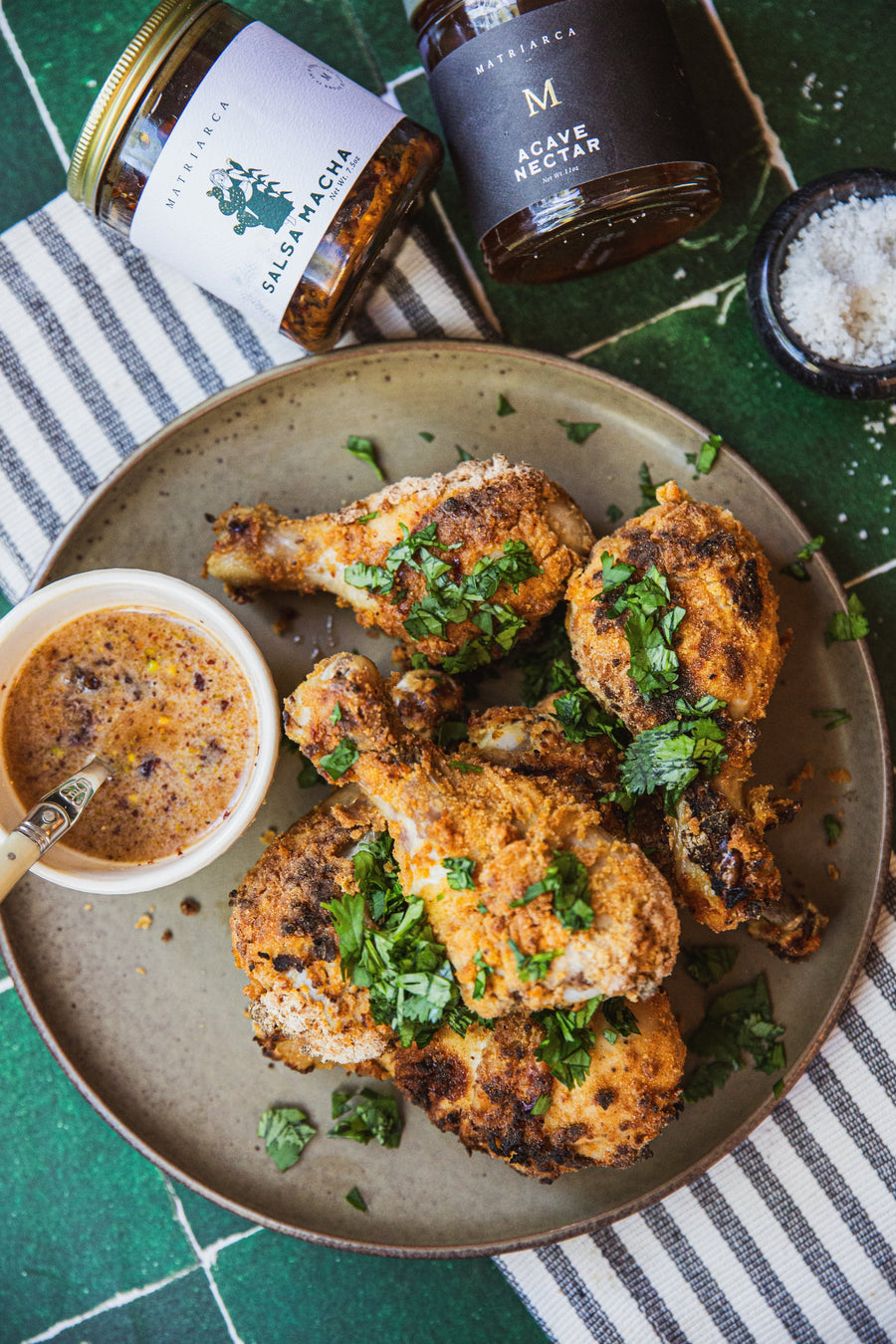Mustard Chicken Drumsticks with Macha Agave Sauce